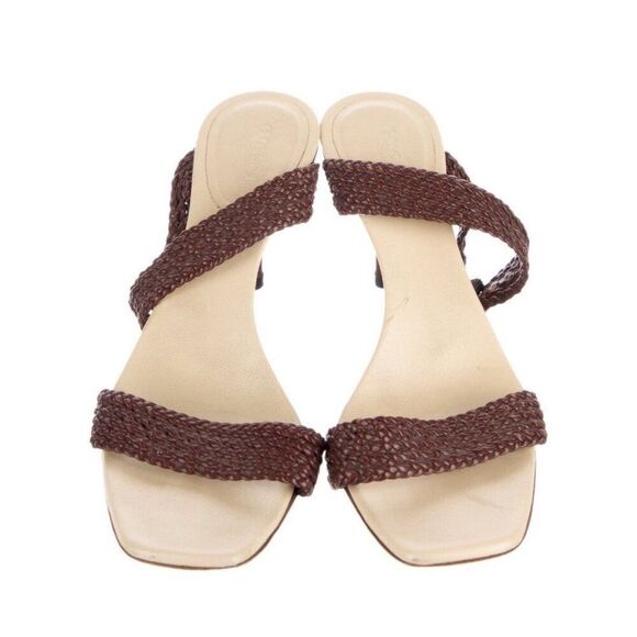 Gucci Authentic Brown Beige Leather Braided Medium Heel Sandals Slides 7 C - Picture 3 of 8